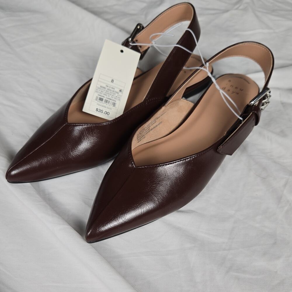 #62 A New Day Pointed Toe Memory Foam Buckle Flats Brown Women's Size 8